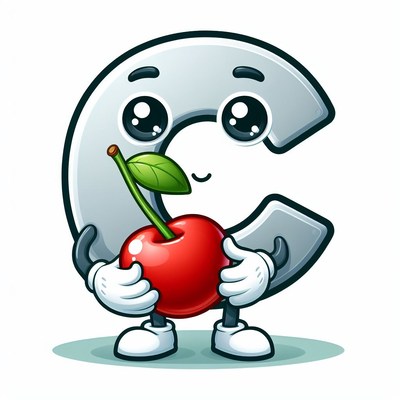 Letter c character holding a cherry
