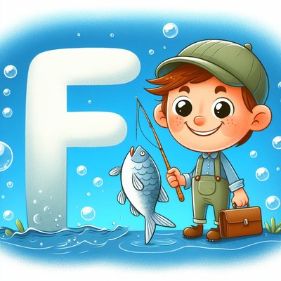 Boy fishing with letter f
