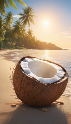 Coconut on beach at sunset
