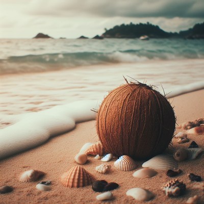 Coconut and shells on beach
