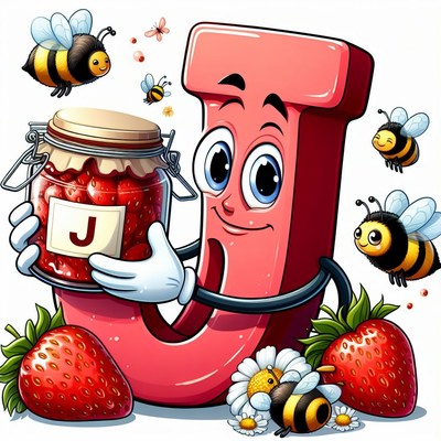 Cartoon letter j with strawberry jam