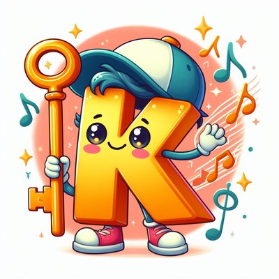 Happy letter k with key and music notes