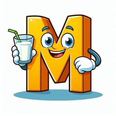 Smiling letter m holding a drink