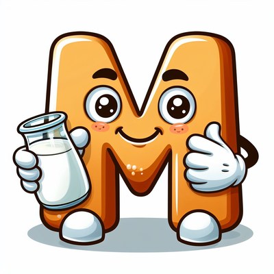 Smiling letter m drinking milk