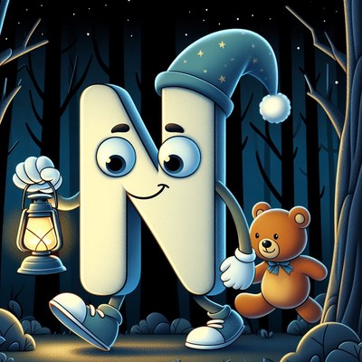 Letter n walks through forest at night