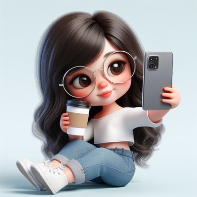 Cartoon girl taking selfie with coffee