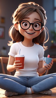Smiling cartoon girl holding drinks