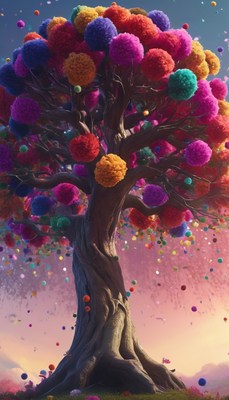 Colorful pom-pom tree at sunset