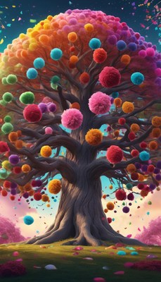 Colorful pom-pom tree in a dreamy landscape
