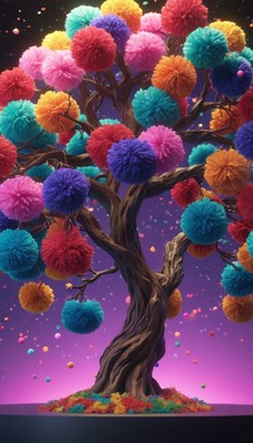 Colorful pom-pom tree in purple light