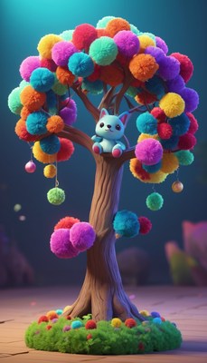 Colorful pom-pom tree with cat