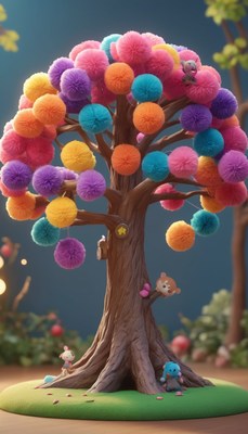 Colorful pom-pom tree with toy animals