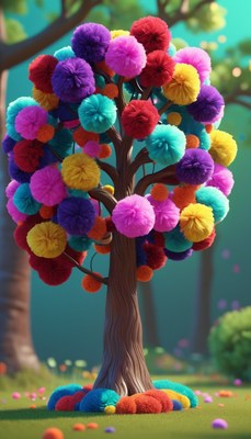 Colorful pom-pom tree in forest