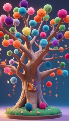 Colorful pom-pom tree with door