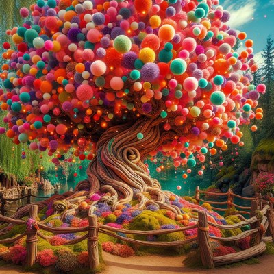 Colorful balloon tree in a magical forest