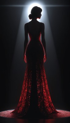 Woman in red dress under spotlight