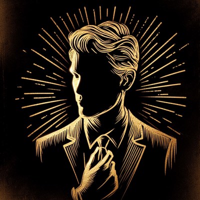 Man in suit adjusting tie with golden light