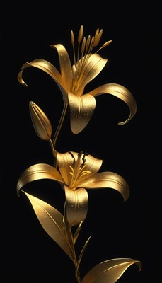 Golden lily flowers on black background