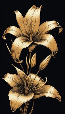Gold lily flowers on black background