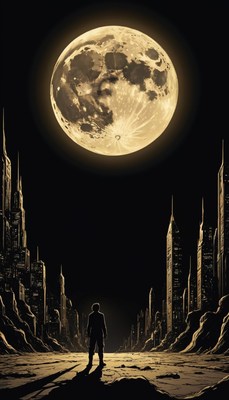 Man standing under full moon in cityscape