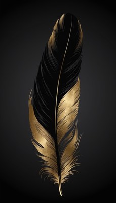 Black and gold feather on dark background