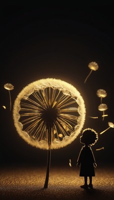Girl watching dandelion seeds fly