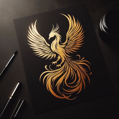 Golden phoenix illustration on black paper