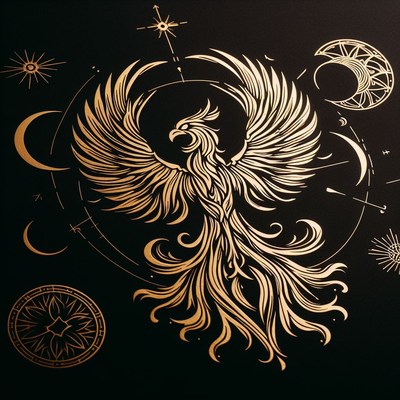 Golden phoenix illustration with moon and stars