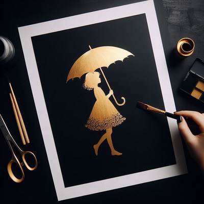 Gold girl silhouette with umbrella