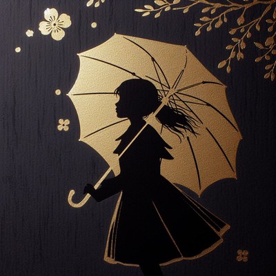 Girl with golden umbrella in the rain