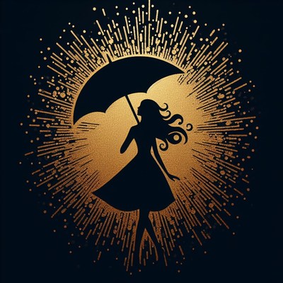 Woman holding umbrella in gold burst