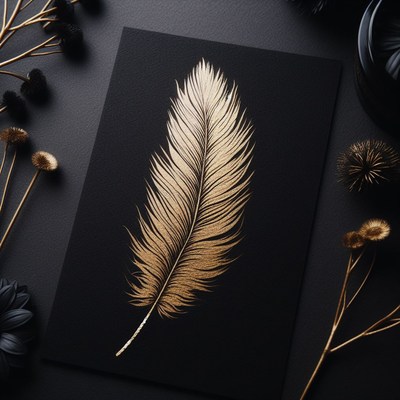 Gold feather on black background
