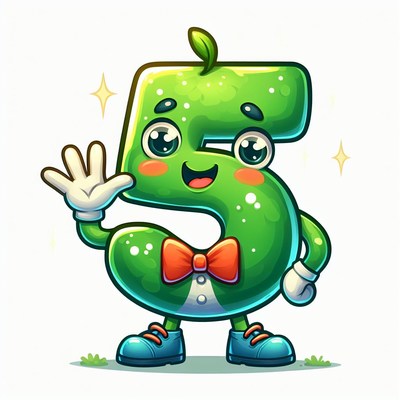 Green number five character waving