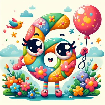 Colorful number six with balloon