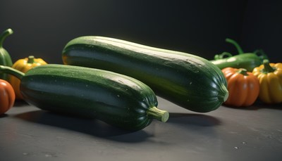 Green zucchini and pumpkins on table