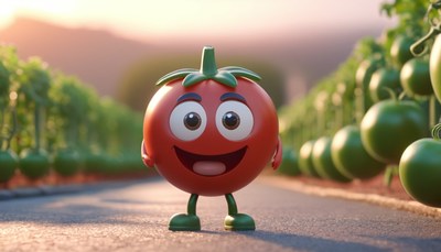 Happy tomato in a field