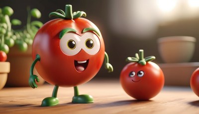 Smiling tomato character on tabletop