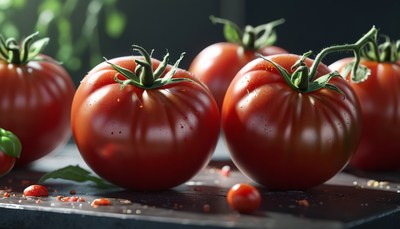 Ripe tomatoes on dark surface