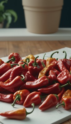 Red and yellow peppers on cutting board