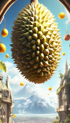 Giant durian over cityscape