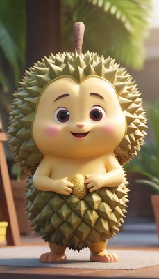 Durian character standing on a table