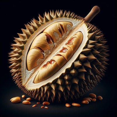 Opened durian fruit on black background