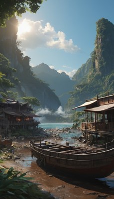 Boat docked in a mountain valley