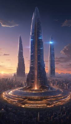 Futuristic cityscape at sunset