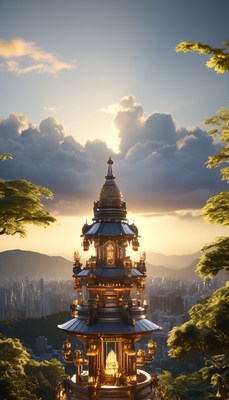 Golden pagoda overlooking city at sunset