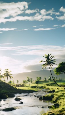 Tropical river valley at sunrise