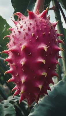 Pink spiky fruit hanging from vine