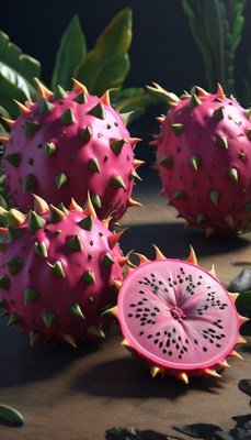 Spiky pink fruits on wooden surface