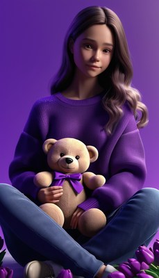 Girl holding teddy bear in purple