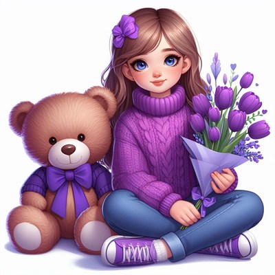 Girl with teddy bear and purple flowers